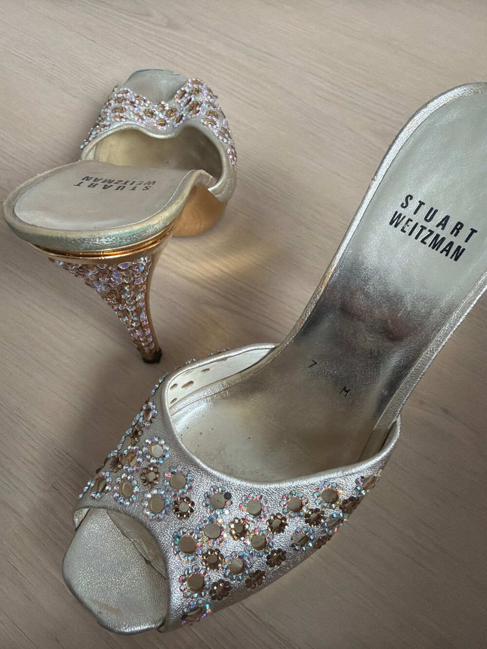 Stuart Whitman Leather w/Crystal Details Stiletto Mules 7M